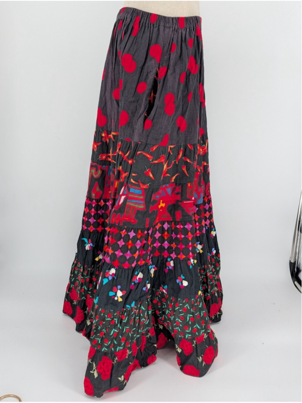 Vintage Anna Konya Patchwork Tiered Maxi Skirt One Size Dark Boho Festival 90s - Picture 9 of 14